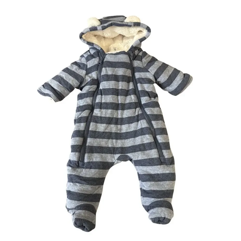 Baby Gap Winter Sherpa Lined Striped Snowsuit in Blue, Size 0-3Months